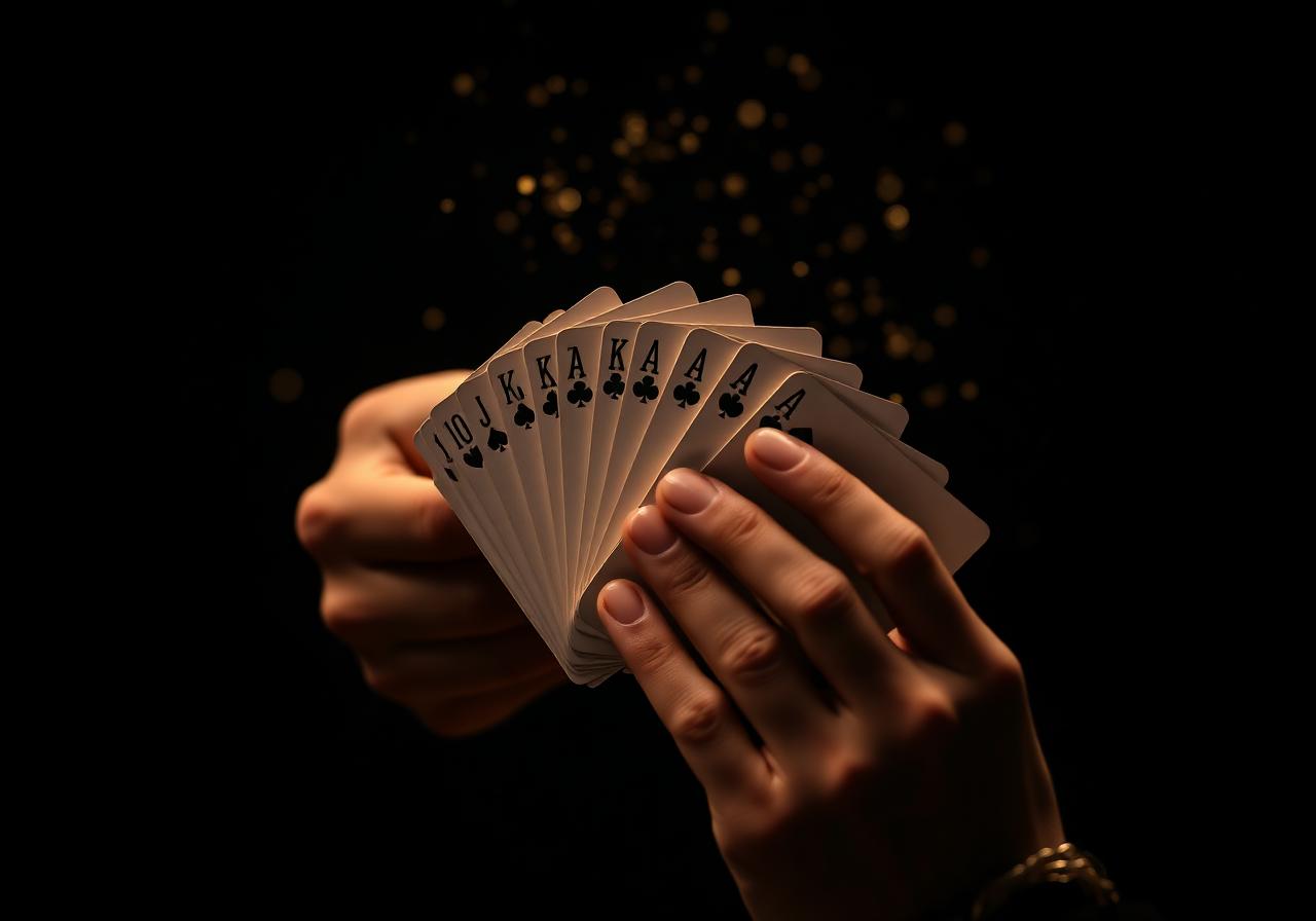 Hands holding a fan of playing cards