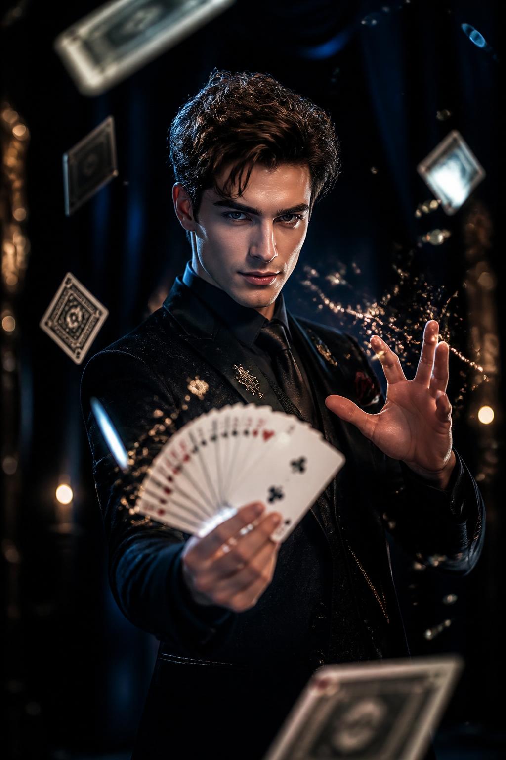 Magician Neil Fama performing a card flourish